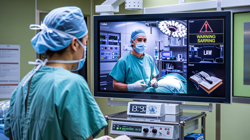 Image showing Indian healthcare and legal compliance for live surgery broadcasts, following NMC 2025 guidelines.