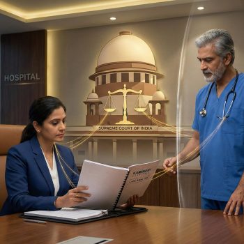Hospital director and visiting surgeon reviewing a legal contract regarding vicarious liability under the Supreme Court of India guidelines.