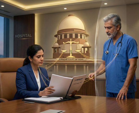 Hospital director and visiting surgeon reviewing a legal contract regarding vicarious liability under the Supreme Court of India guidelines.
