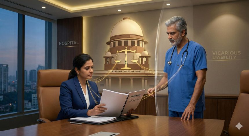 Visiting-Consultant-Vicarious-Liability-Supreme-Court Hospital director and visiting surgeon reviewing a legal contract regarding vicarious liability under the Supreme Court of India guidelines.