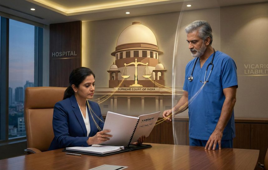 Hospital director and visiting surgeon reviewing a legal contract regarding vicarious liability under the Supreme Court of India guidelines.