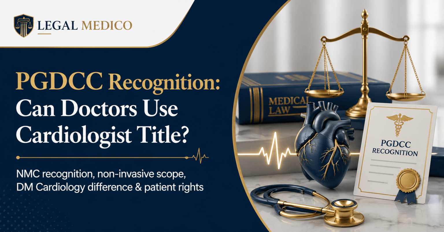 LegalMedico blog cover explaining PGDCC cardiology recognition, cardiologist title usage, NMC recognition, non-invasive scope, DM Cardiology difference and patient rights in India.