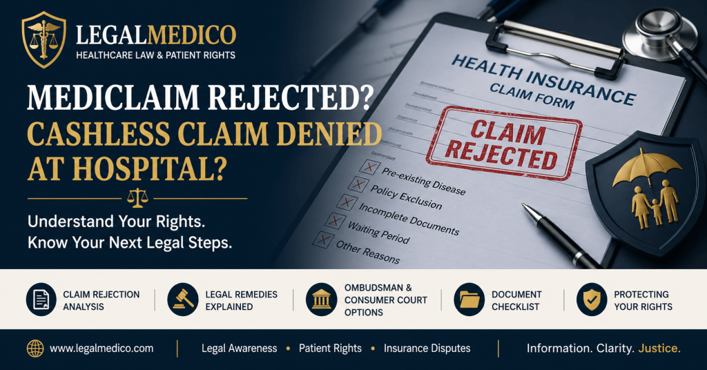 LegalMedico social preview image about mediclaim rejection, cashless claim denial at hospital, health insurance claim disputes, IRDAI grievance, Ombudsman route and Consumer Commission options in India.