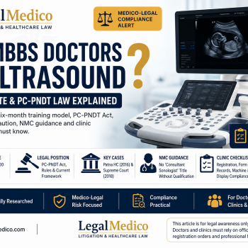 Can MBBS Doctors Do Ultrasound - Bihar PC-PNDT Law LegalMedico infographic explaining whether MBBS doctors can do ultrasound in India, Bihar PC-PNDT update, six-month training, Supreme Court caution, NMC guidance and clinic compliance risks.